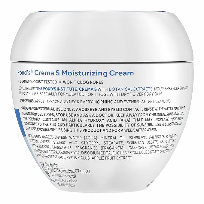 Pond's Crema S Nourishing Face Moisturizer for Women, Skin Care Facial Moisturizer Cream for Dry to Very Dry Skin, Nourishes for up to 24 hours 14.1 oz (Pack of 2)
