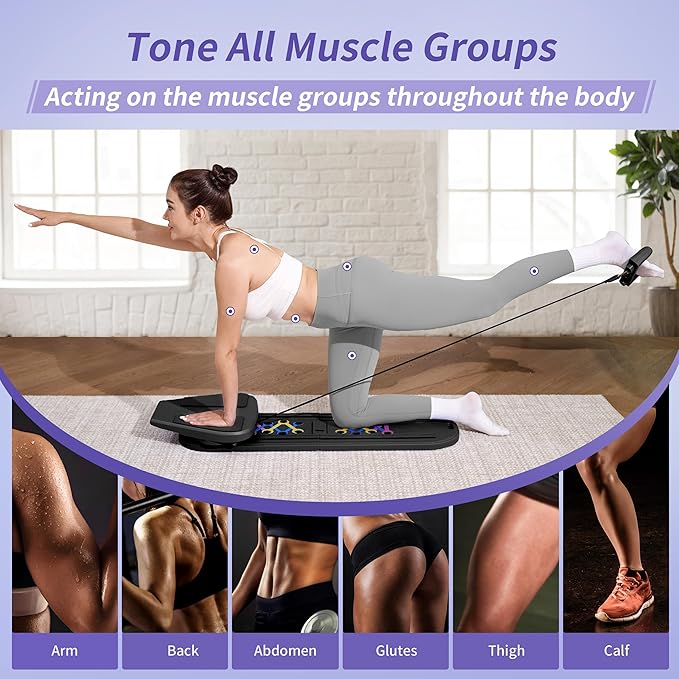 Pilates Board Reformer Premium 15-in-1 Upgraded Foldable - Portable Home Gym Digital Display, Resistance Bands,Balance Board and Timer - Ideal for Abs, Core and Full-Body Workout for Women