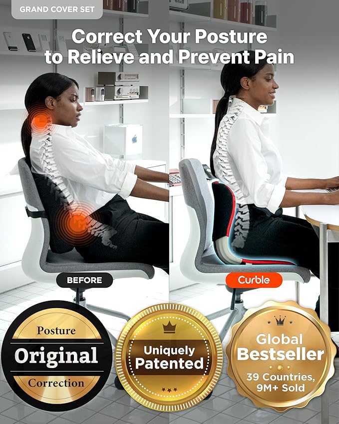 curble Grand(Extra Wide&Sturdy) Cover Set – Ergonomic Back Support Chair & Detachable Cover, Lumbar Support for Posture Corrector and Low Back Pain Relief, Perfect for Home Office Desk Chair(Set Red)