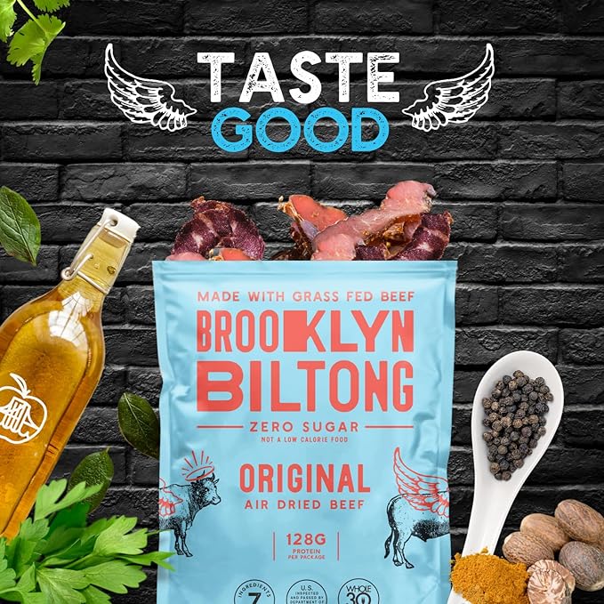 Brooklyn Biltong Air Dried Grass Fed Beef Snack, South African Beef Jerky (8 oz, Pack of 1) - Whole30 Approved, Paleo, Keto, Gluten Free, Sugar Free, Made in USA - (Original)