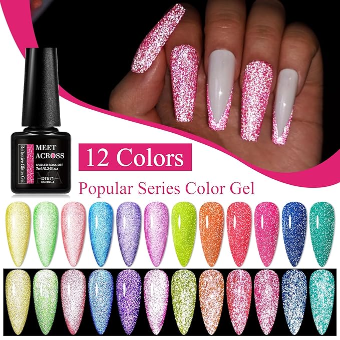 MEET ACROSS Reflective Glitter Neon Gel Polish Set, 12 Colors Gel Nail Polish Set Nails Gel Blue Hot Pink Purple Soak Off Uv Led Gel Nail Polish Kit Nail Gift for Her