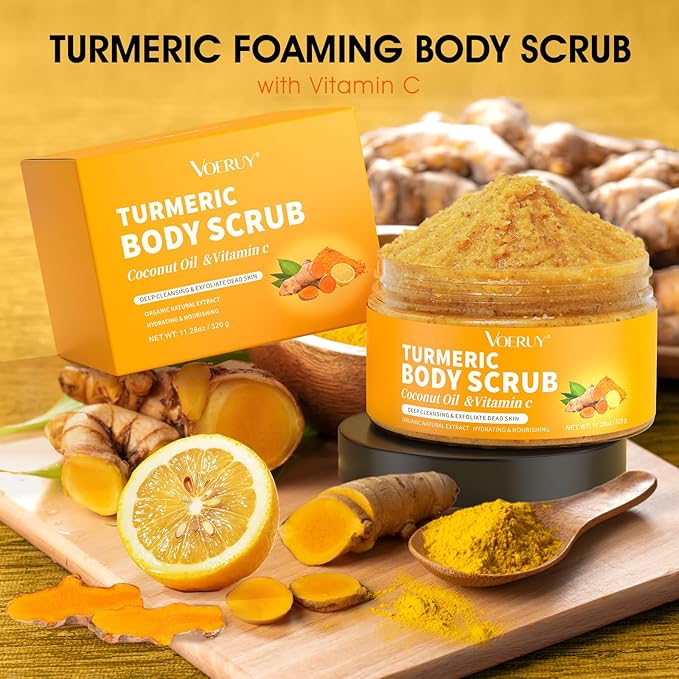 Body Scrub, Turmeric Exfoliating Body Scrub, with Coconut Oil & Vitamin C, Bikini Area Exfoliator Gently Exfoliate Body Hand and Foot Scrub, Moisturized Skin for Women and Men, 11.28oz/320g