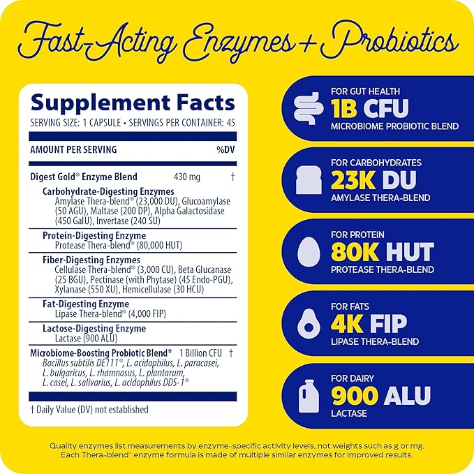 Enzymedica Digest Gold + Probiotics, 2-in-1 Formula for Gut Health, Digestive Enzymes & 1 Billion Active Probiotic Cultures, 45 Count (FFP)
