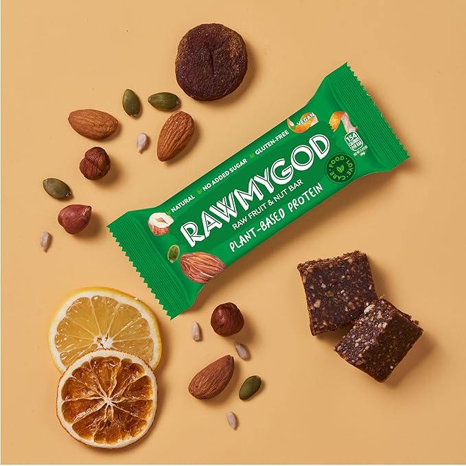 RAWMYGOD Fruit and Nut Bars, Gluten Free, Vegan, No Added Sugar (16 bars, Protein Pack - 4 Orange & Hazelnut, 4 Fruit & Nut, 4 Chia & Choco, 4 Peanut & Cacao)