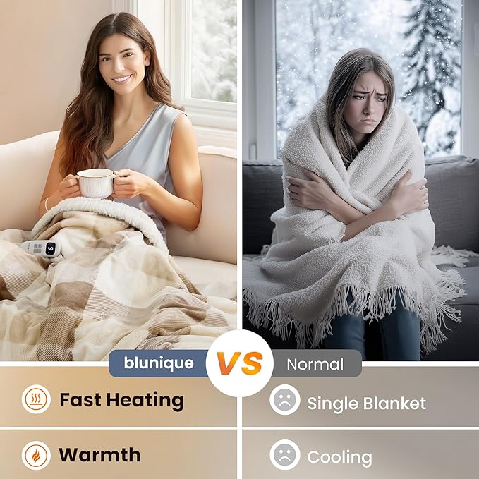 Heated Blanket Electric Throw-50''x60''Ultra Soft Cozy Plaid Flannel Fast Heating Electric Blanket with 10 Heat Levels & 10 Hours Auto Off, ETL Certified, Keep Warm in Couch Bed Office(Khaki)