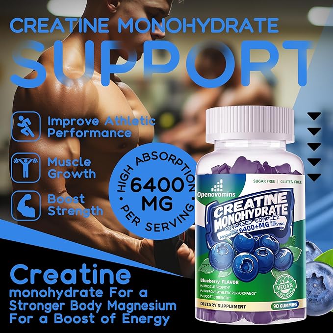 Creatine Monohydrate Gummies Complex for Men & Women -Advanced Formula W/L-Taurine + Vitamin B12, Sugar Free Chewable Supplement,90 Blueberry Gummies
