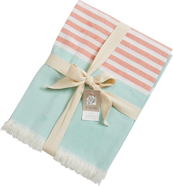 The Good Earth 2 Pack Oversized Turkish Beach Towel Set, 35" x 78", Mint/Coral, Sand Resistant, 100% Cotton