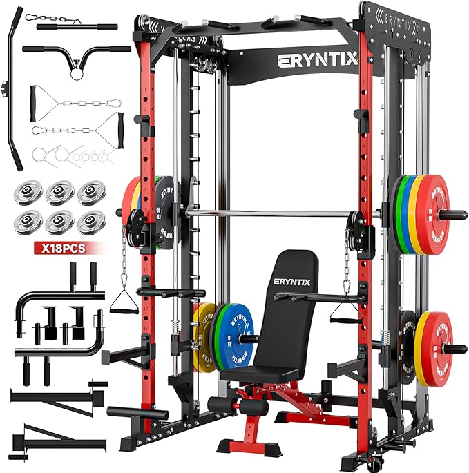 Smith Machine Home Gym for Strength Training, All-in-One Power Cage with Cable Crossover, Squat Rack, LAT Pulldown, Pull-Up Bar, 2600LBS Capacity Gym System with 18 Attachments