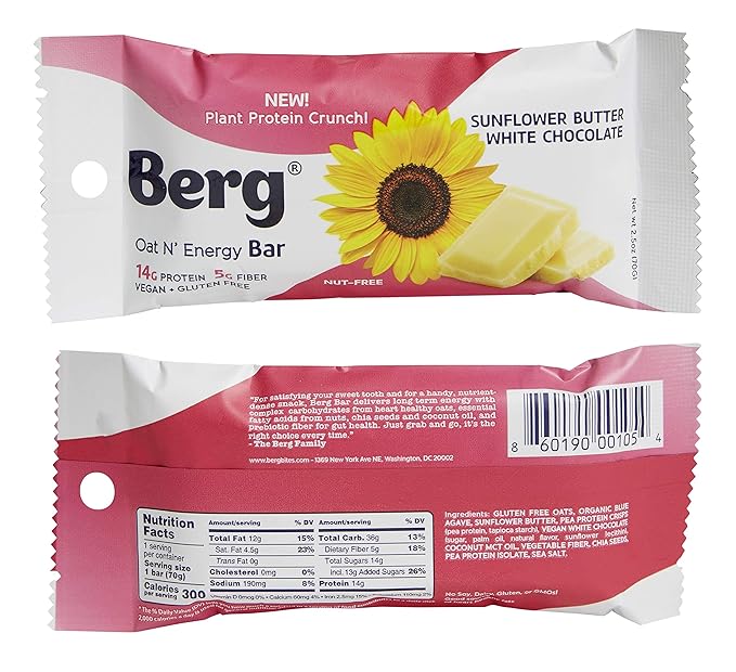 Berg Oat N' Energy Bar | Variety Pack | Plant Based Protein Bar | Non-GMO, Gluten Free, Nut Free and Vegan | Low Sugar, Healthy Snack Bar | High Fiber | On The Go | 2.5oz (8 Packs)