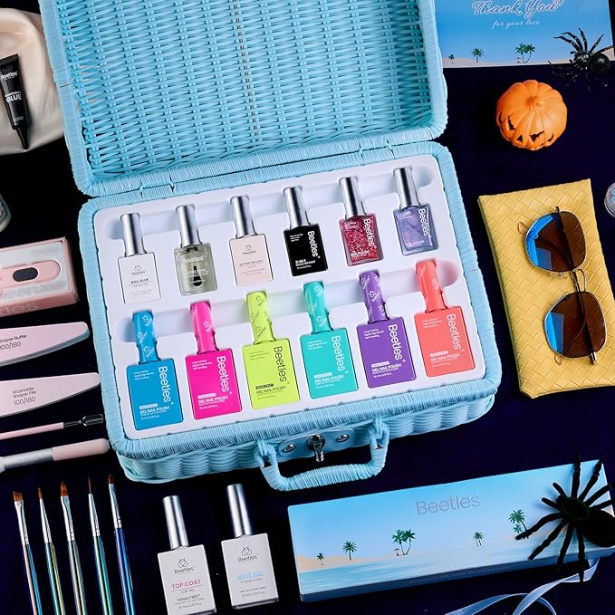 Beetles Halloween Gel Nail Polish Set with Mini LED Nail Lamp Purple Red Green Yellow Gel Polish with Base Top Coat Nail Art Brushes Salon DIY Gift Basket for Women