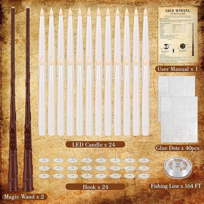 24PCS Floating Candles with Wand, Magic Hanging Candles, Flickering Warm Light LED Taper Flameless Candles with Wand Remote for Halloween,Christmas Party Decorations Indoor Deco,Bset Gift.