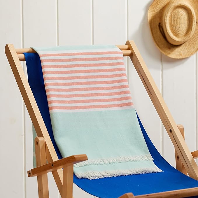 The Good Earth 2 Pack Oversized Turkish Beach Towel Set, 35" x 78", Mint/Coral, Sand Resistant, 100% Cotton
