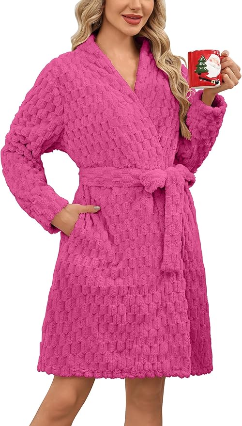 Ekouaer Women's Robes Short Plush Bathrobe Knee Length Warm Soft Jacquard Robe Winter House Coat with Pockets S-XXL