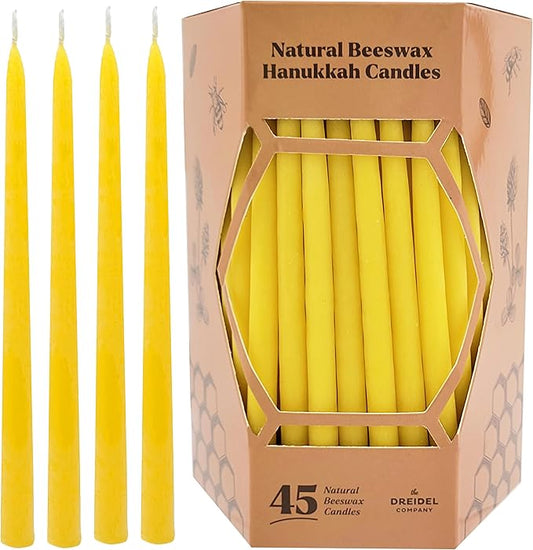Natural Beeswax Hanukkah Candles, Hand-Made Chanukkah Menorah 45 Yellow Candles for All 8 Nights Fits Most Menorah Burn Time 1-Hour