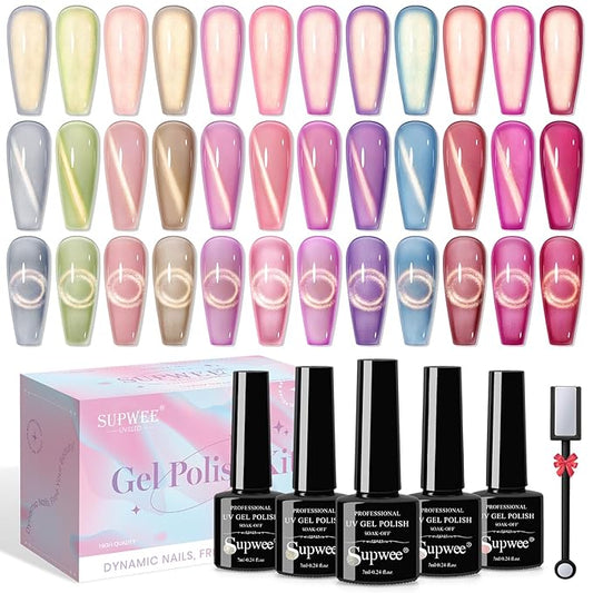 Cat Eye Gel Nail Polish Set, 12 Colors Magnetic Cateye Gel Polish with Magnet Holographic Gold Glitter Pink Purple Blue Summer Color Cat Eye Effect Soak Off Lamp for DIY Salon Manicure at Home