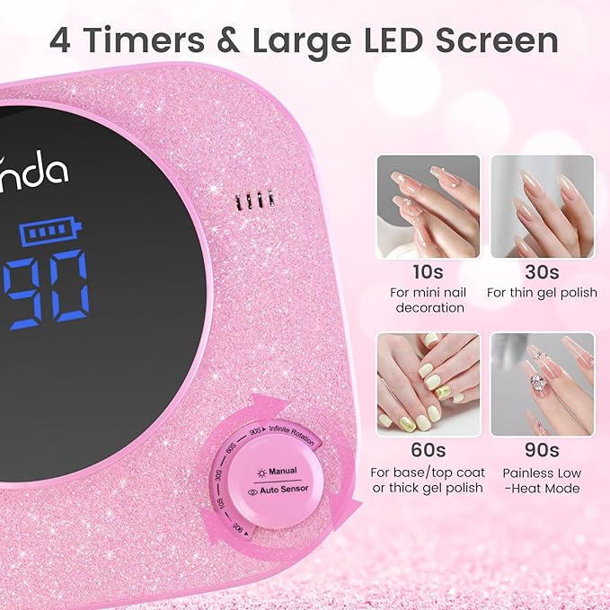 Lavinda 54W UV LED Nail Lamp, Professional UV Light for Gel Nails Rechargeable Cordless Nail Dryer with 4 Timer Settings & Auto Sensor, Fast Curing Gel Light for Home and Salon Use Glitter Design