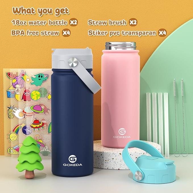 GoKEDA 18oz Kids Water Bottle, 2 Pack Insulated Bottles with Stickers, 18/8 Stainless Steel Vacuum Leak Proof Straw Cup for School, Gifts for Boys(Dark Blue, Pink)