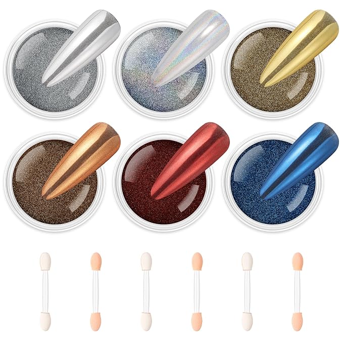 AIMEILI Chrome Nail Powder, Vegan, Cruelty Free, 6 Colors Mirror Effect Holographic Chameleon Manicure Nail Art Decoration Glitter for Nail Art Women Gift