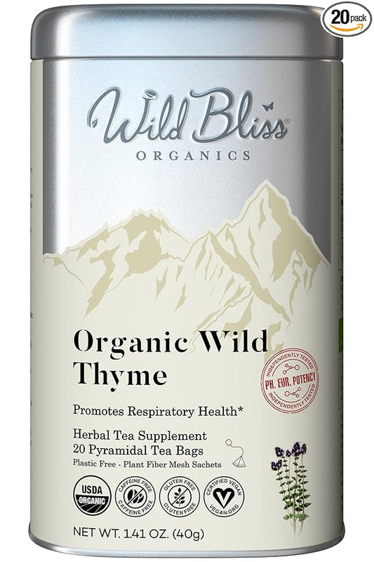 Wild Bliss Organic Wild Thyme Tea - Caffeine Free Respiratory Herbal Support - Pharmacopoeia Potency - 20 Plant Based Tea Bags