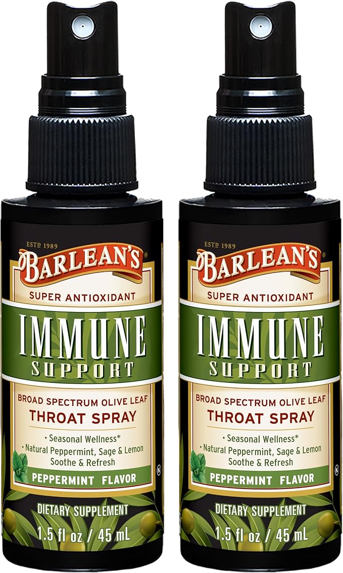 Barlean's 2 Pack Olive Leaf Complex Throat Spray with Peppermint, Lemon, and Sage for Itchy Throat Relief, Immune Support Supplement, Liquid Blended Extract, 1.5 oz