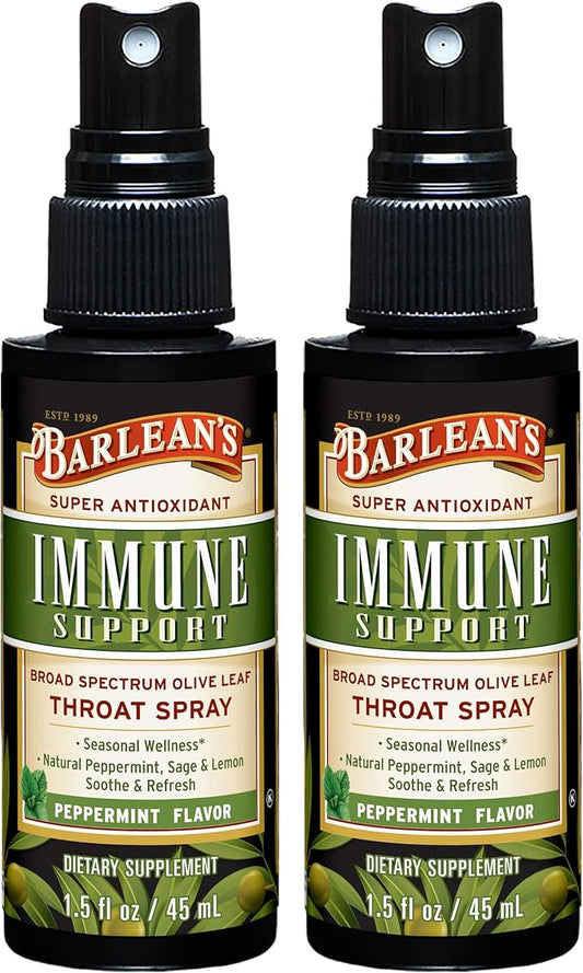 Barlean's 2 Pack Olive Leaf Complex Throat Spray with Peppermint, Lemon, and Sage for Itchy Throat Relief, Immune Support Supplement, Liquid Blended Extract, 1.5 oz