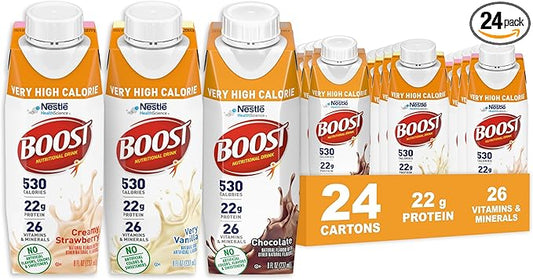 BOOST Very High Calorie Nutritional Drink – Helps Weight Gain & Maintenance -530 Calories -26 Vitamins & Minerals - 22 g Protein - Variety Pack - Vanilla, Chocolate & Strawberry - 8 fl oz (Pack of 24)