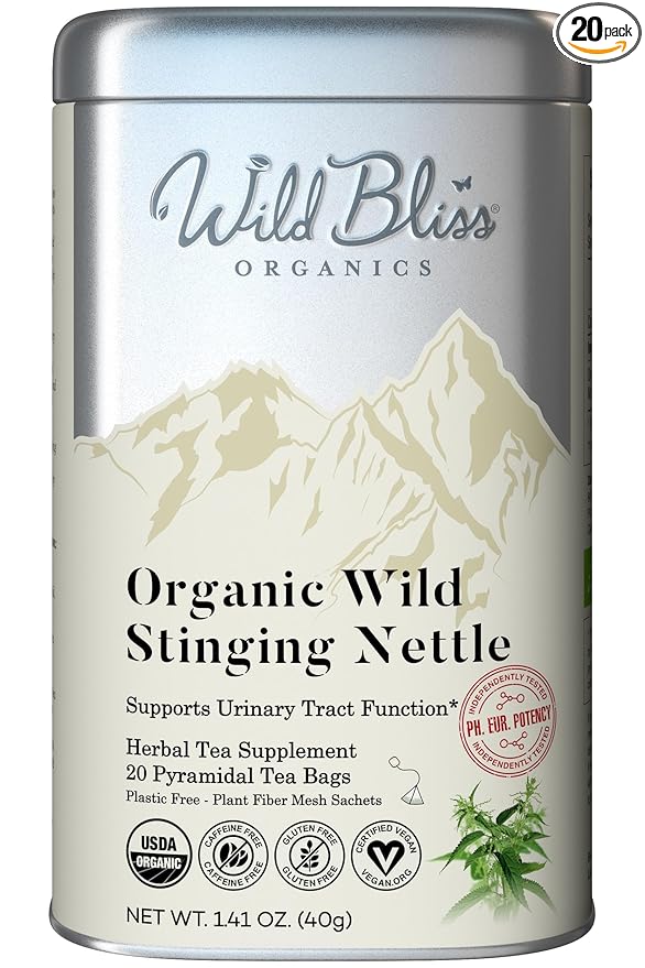 Wild Bliss Organic Wild Stinging Nettle Leaf Tea - Caffeine Free Urinary Tract and Joint Health Herbal Support - Pharmacopoeia Potency - 20 Plant Based Tea Bags