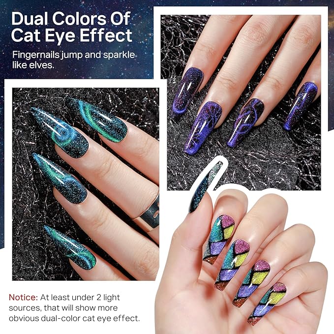 MIZHSE Cat Eye Gel Nail Polish 10 Colors, Glitter Magnetic Gel Polish Set with Magnet Stick, Holographic Galaxy Effect Cat Eye Nail Polish Soak Off Nail Art Manicure Kit Gift for Women