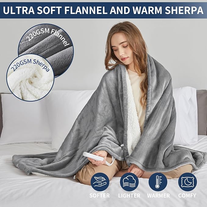 Heated Electric Blanket Queen Size - 84"x90" Flannel Heating Blanket with 10 Heating Levels & 5 Time Settings Over-Heat Protection, Winter Warmer for Adults with ETL Certification（Grey）
