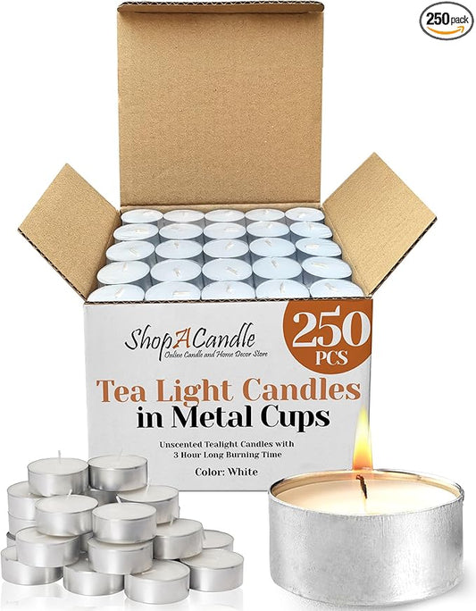 250 Pack Tealight Candles in Metal Cups - Clean, White Unscented Tealight with 3 Hour Long Burning Time - Votive Candles Bulk for Romantic Dinner, Weddings, Spa & Hotels