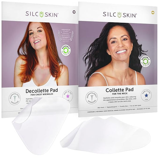 Silc Skin Complete Chest And Neck Care Set With Decollette And Collette Pads, Reusable Medical Grade Silicone For Sleep Lines, Holiday Anti Wrinkle Gift Set For Her, 30 Day Supply