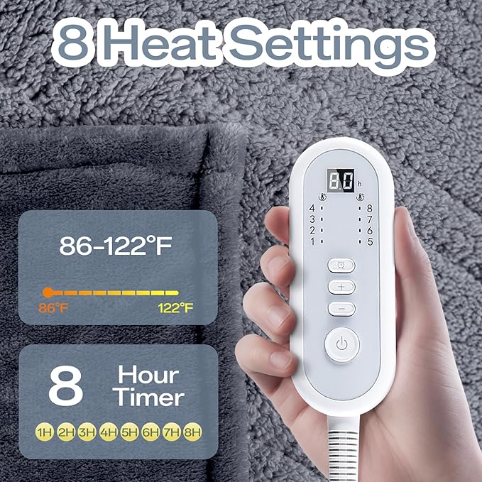 Electric Blanket Heated Throw, 50" x 60" Heated Blanket with 8 Heat Levels & 8 Hours Auto Off, Fast Heating Sherpa Blankets Machine Washable with ETL & FCC Certified, Light Grey