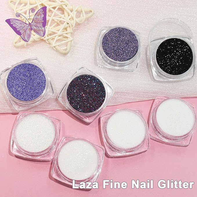 Laza 8 Colors Nail Glitter Powder Shining Sugar Effect Glitter Black White Dust Sand Powder Candy Coat Manicure Nail Art Decoration for Nail Art Tips Decoration DIY Crafts