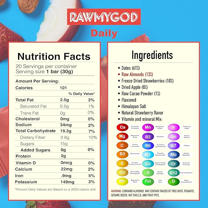 RAWMYGOD Fruit and Nut Bars, Gluten Free, Vegan, No Added Sugar (20 bars, Vitality Pack - 5 Prebiotic, 5 Moringa, 5 Baobab, 5 Daily)