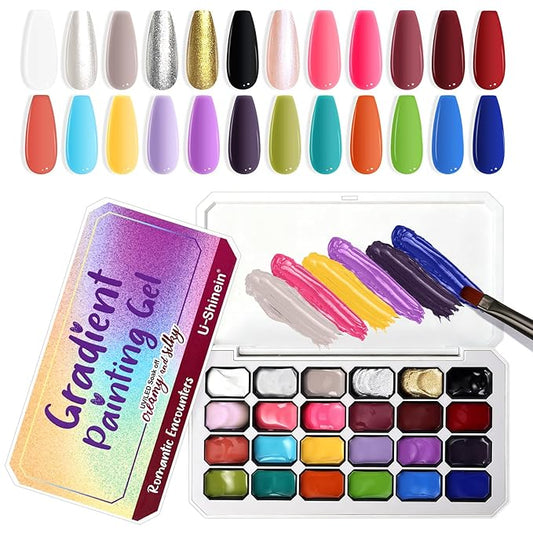 Gradient Painting Gel, 24 Bright Glitter Gold&Silver Black&White Pearlescent Colors Ombre Gel Nail Polish for Light Pigment Pat Nail Gel Kit French Manicure No-wipe DIY Nail Art Soak of UV A