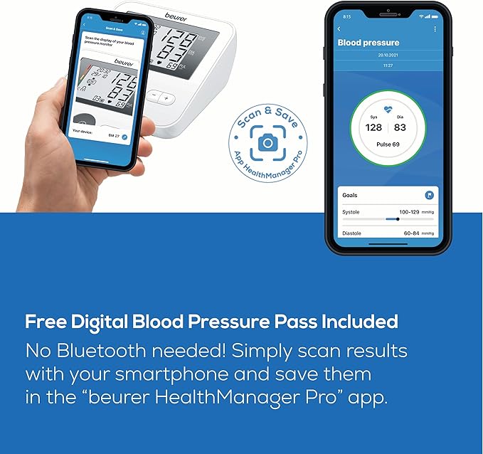 Beurer BM27 Upper Arm Blood Pressure Monitor for Home Use with Adjustable Cuff, Data Transfer to Apple Health and co., 120 Memory Sets, Irregular Heart Rate Detection, Risk Indicator