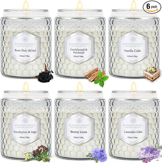 6 Pack Scented Candles for Home, Aromatherapy Gift Set for Women, Natural Soy Wax Jar, 33 oz 240 Hour Long Lasting, Birthday and Valentine's Day Gift, Flax Gray