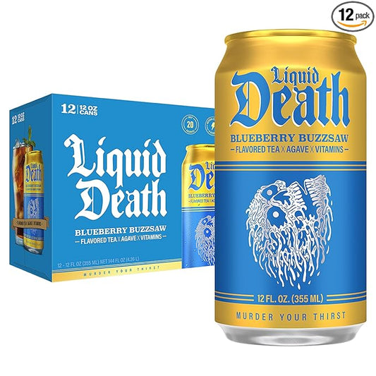 Liquid Death, Blueberry Buzzsaw Iced Tea, 12-Pack (12 oz Cans), Blueberry Flavored Black Tea, Low Calorie, No Artificial Sweeteners, B12 & B6 Vitamins