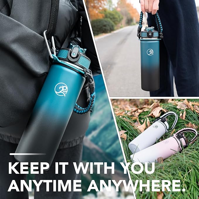GOSWAG Insulated Sports Water Bottle, 24oz 2 Lids(with Straw/No Straw), Stainless Steel Water Bottles with Paracord Handle, Insulated Bottle with Double-Wall Vacuum Insulation