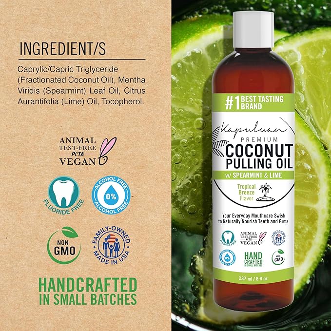 Kapuluan Coconut Oil Pulling for Teeth and Gums Mouthwash, 100% Pure and Natural, Non-GMO, Ayurvedic – Refreshing Spearmint and Lime Essential Oils