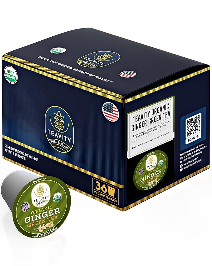 Green Tea & Ginger Tea Pods for Keurig - Caffeinated, Organic, Dye Free, Unsweetened, Herbal Blend for K Cup Machines - Hot or Iced (36 Tea Pods)