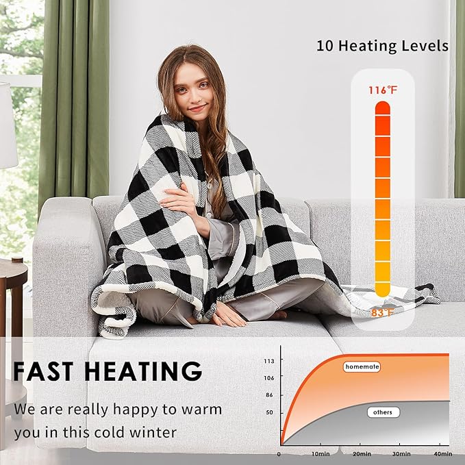 Homemate Electric Blanket Heated King Size - 100“x90“ Ultra Soft Cozy Flannel Heating Blanket with 10 Fast Heat Levels 8 Hours Auto Off Over-Heated Protection ETL Certification Keep Warm in Home