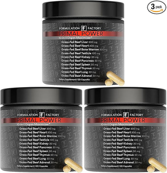 Formulation Factory Primal Power 10-in-1 Grass-Fed Organ Supplement with Beef Liver, Heart, Marrow, Testicle, Kidney, Supports Vitality, Hormones, Energy, Immunity (6 Month Supply, 360 Capsules)