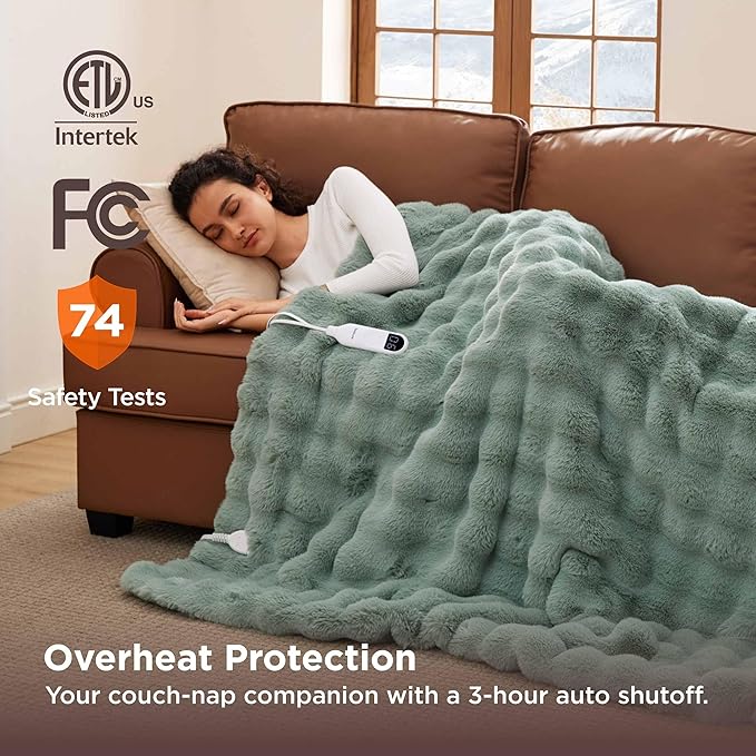 Bedsure Fluffy Bubble Faux Fur Heated Blanket Throw - Super Soft Electric Blanket, Heating with 6 Heating Levels, 4 Time Settings, 3-Hour Auto-Off, Decor Gifts for Home, Green, 50x60 inches