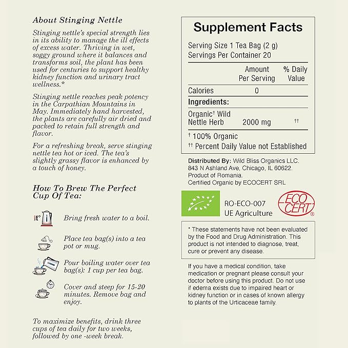 Wild Bliss Organic Wild Stinging Nettle Leaf Tea - Caffeine Free Urinary Tract and Joint Health Herbal Support - Pharmacopoeia Potency - 20 Plant Based Tea Bags