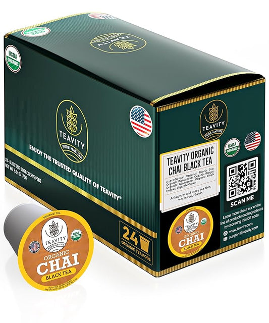 Organic Chai Black Tea Pods for Keurig Naturally Caffeinated by Teavity (24 Tea Pods)