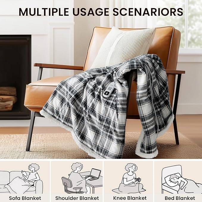 Heated Blanket Electric Throw-50''x60''Ultra Soft Cozy Plaid Flannel Fast Heating Electric Blanket with 10 Heat Levels & 10 Hours Auto Off, ETL Certified, Keep Warm in Couch Bed Office(Grey)