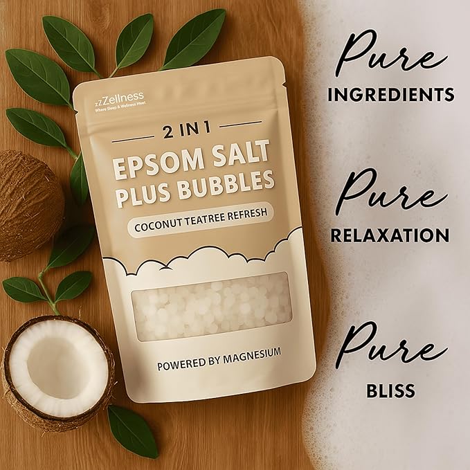 Epsom Salt Plus Bubbles – Coconut & Teatree Scented Foaming Bath Soak – Magnesium Sulfate for Muscle Recovery, Stress Relief & Relaxation – Great for Aromatherapy – 12 oz