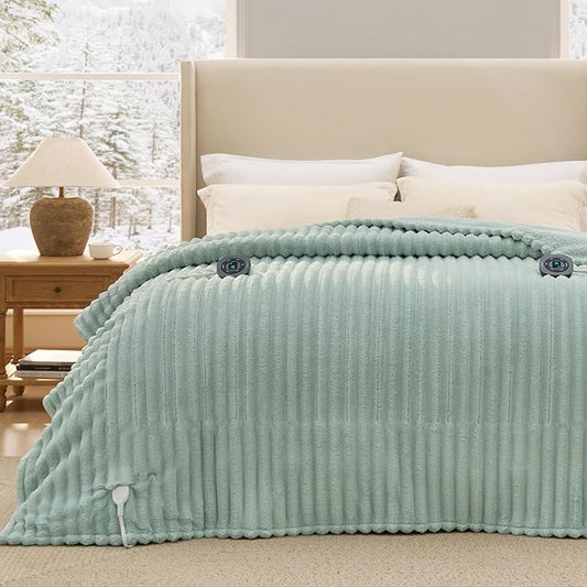 Bedsure Electric Blanket King Size - Thick Striped Flannel Electric Blanket with Dual Control, Heating with 10 Heat Settings & 10 Time Settings, 8 hrs Timer Auto Shut Off (90x100 inches, Green)