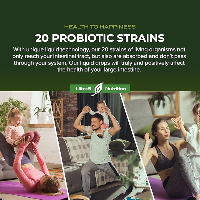 Ultra6 Nutrition Probiotics for Women, Men and Kids - 20 Strain Liquid Probiotic Supplement for Digestive & Gut Health